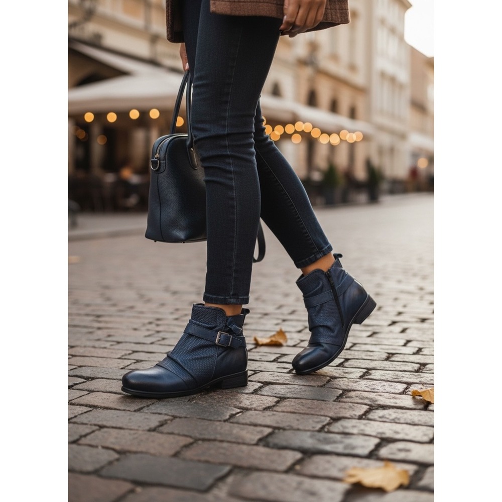 Miz Mooz Suzy Blue Leather Ankle Boots Side Zip Womens 37 EU Wide, US 6.5